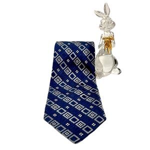 STAFFORD Vintage Men’s 100% Silk Necktie Blue/Silver/White Foulard Pattern EUC